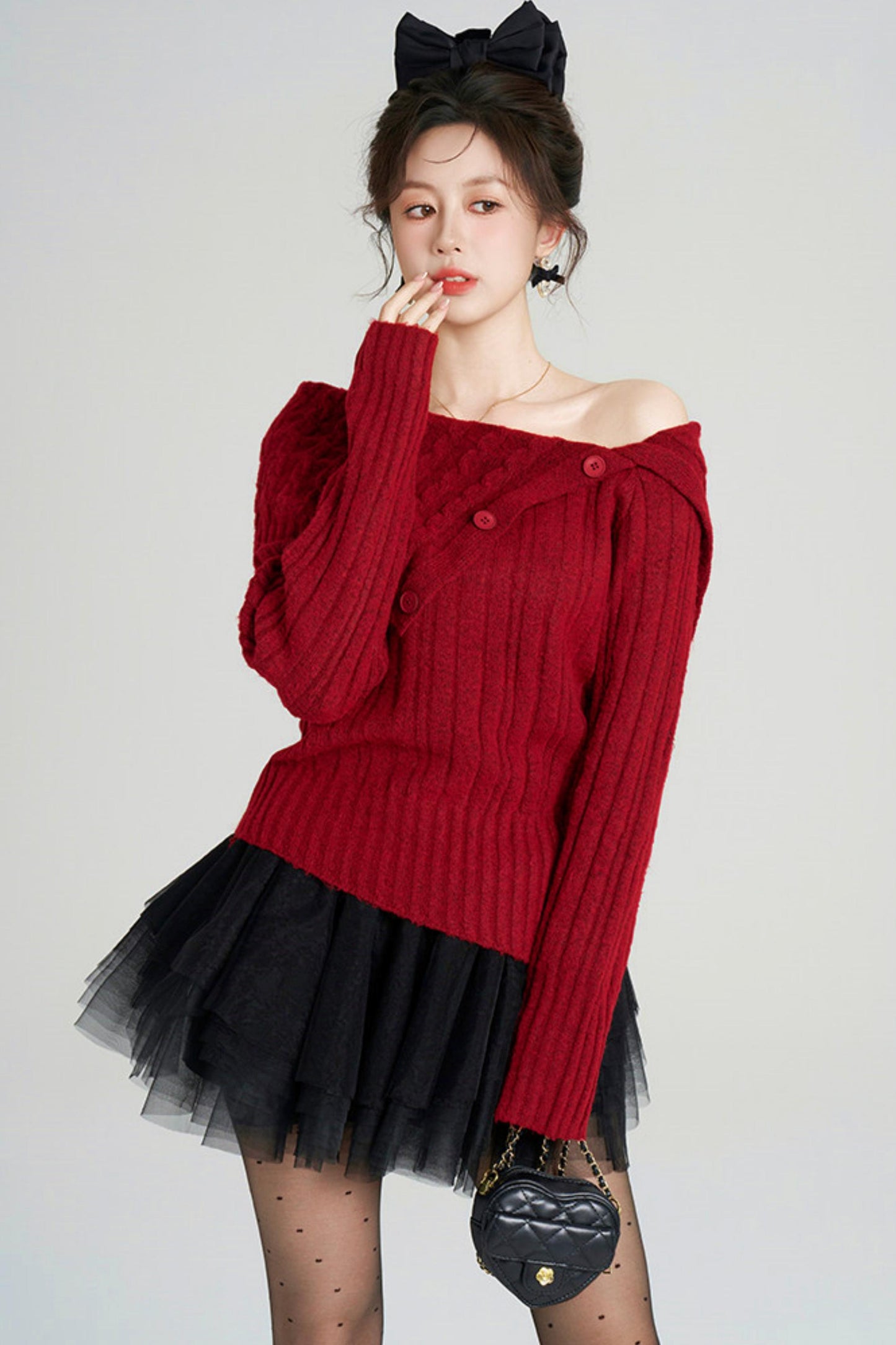 ワンショルダーフレンチタイトトップス+チュールスカート