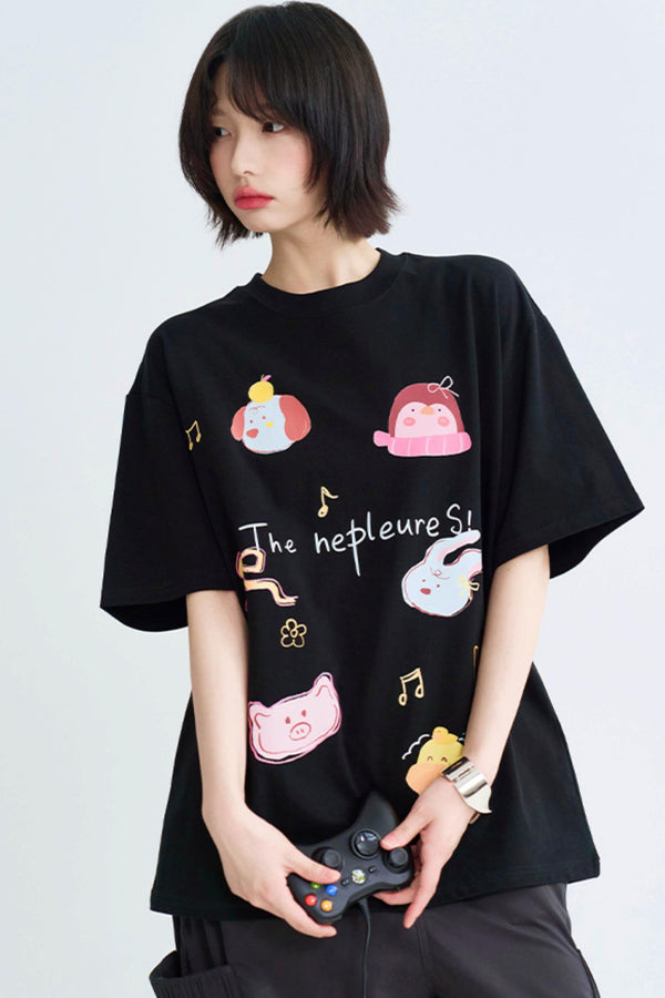 Casual Cartoon Illustrated Tee Shirt