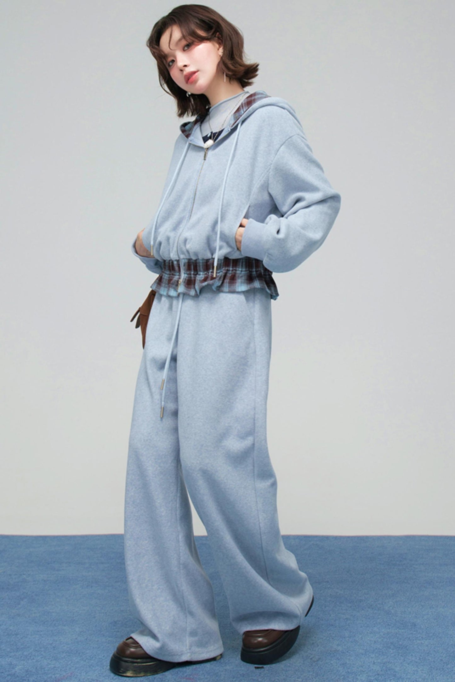 パッチワークプラッドフーデッドジャケットセットアップ