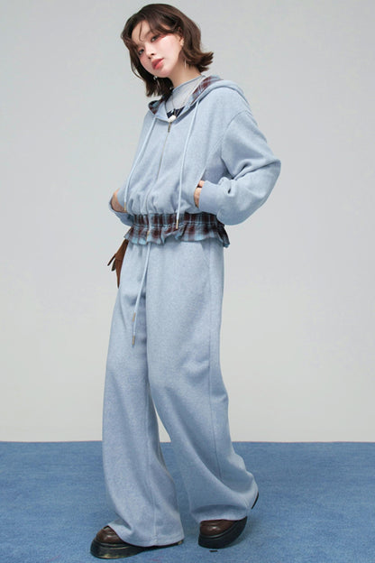 パッチワークプラッドフーデッドジャケットセットアップ