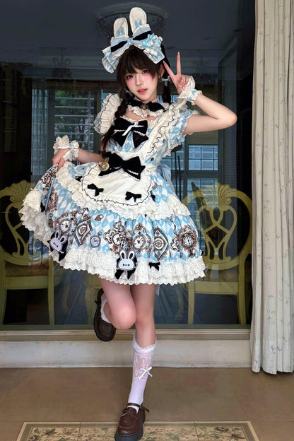 [Reservierungsschluss 30. Juni] Blau-weißes Alice-im-Wunderland Sweet-Lolita-Schleifen-Schürzen-OP-Kleid + Komplettset 1/2