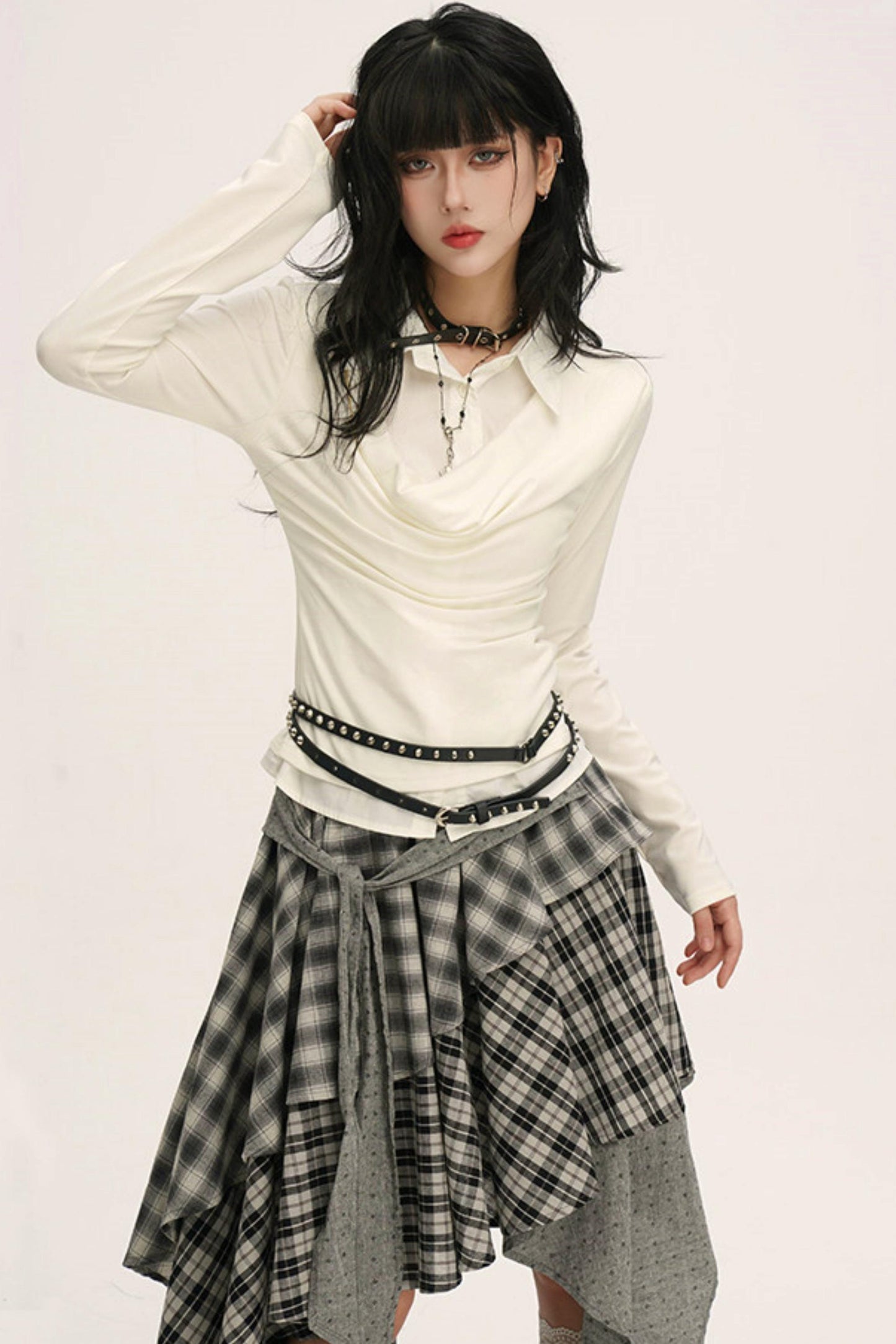 ドレープカウルネックレイヤードシャツ