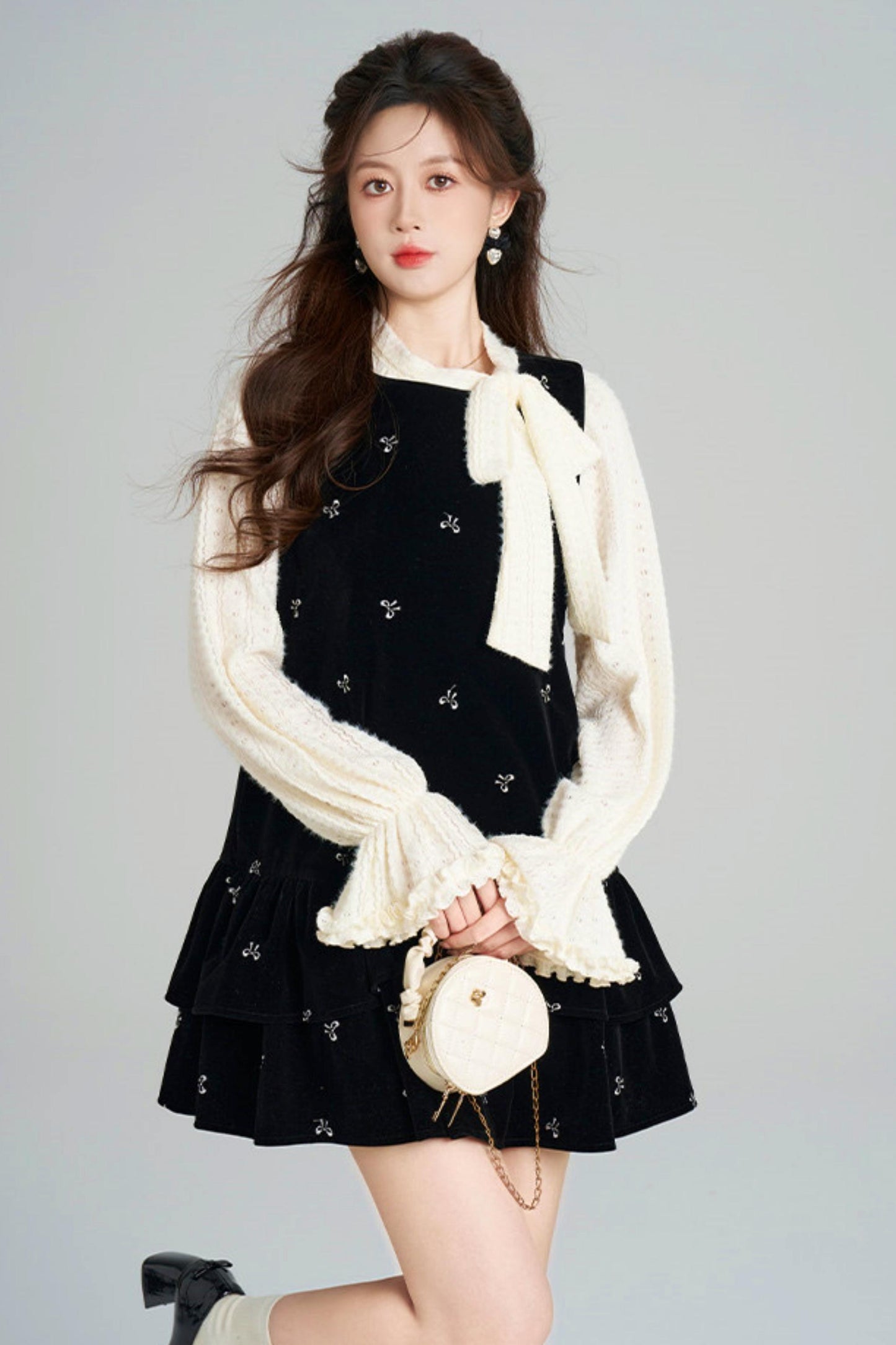 French Sweet Käbel Velvet Dress + Ribbon Neck Blouse