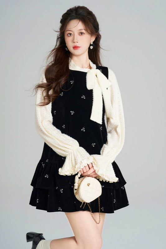 French Sweet Käbel Velvet Dress + Ribbon Neck Blouse