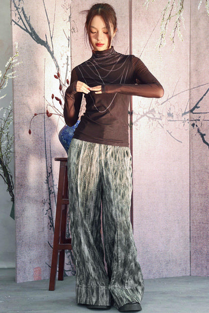 Gray Gradient Crinkled Wide Pants