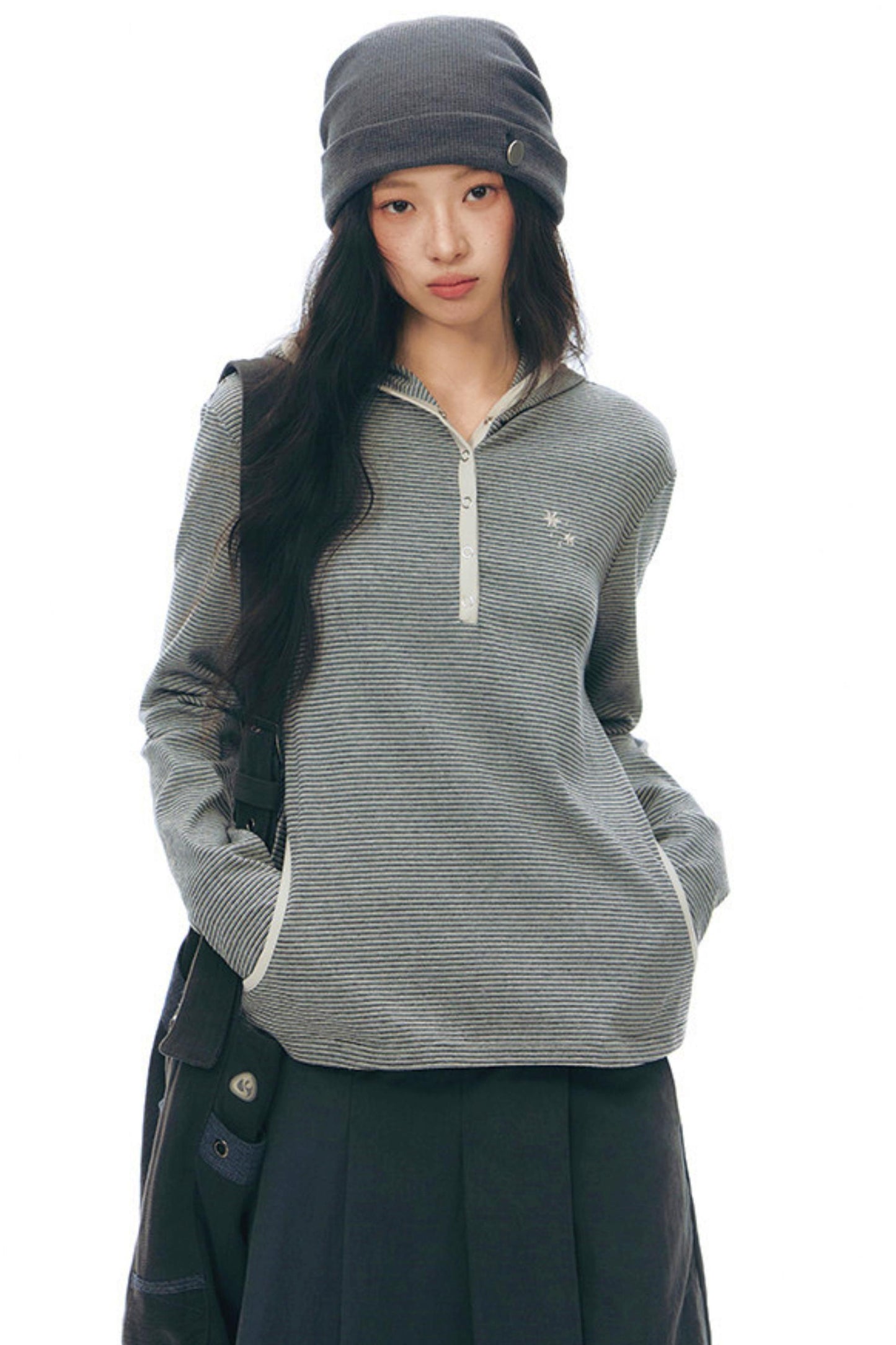 ストライプドフーデッドニットトップス