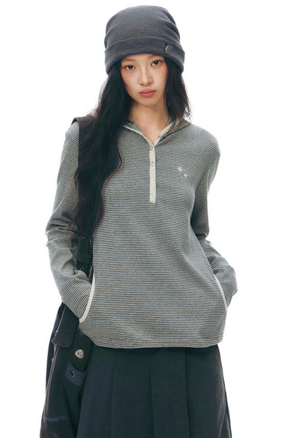 ストライプドフーデッドニットトップス