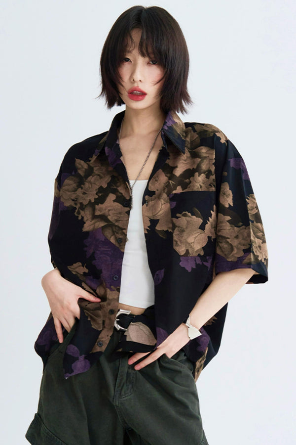 Retro Flower Print Loose Fit Shirt