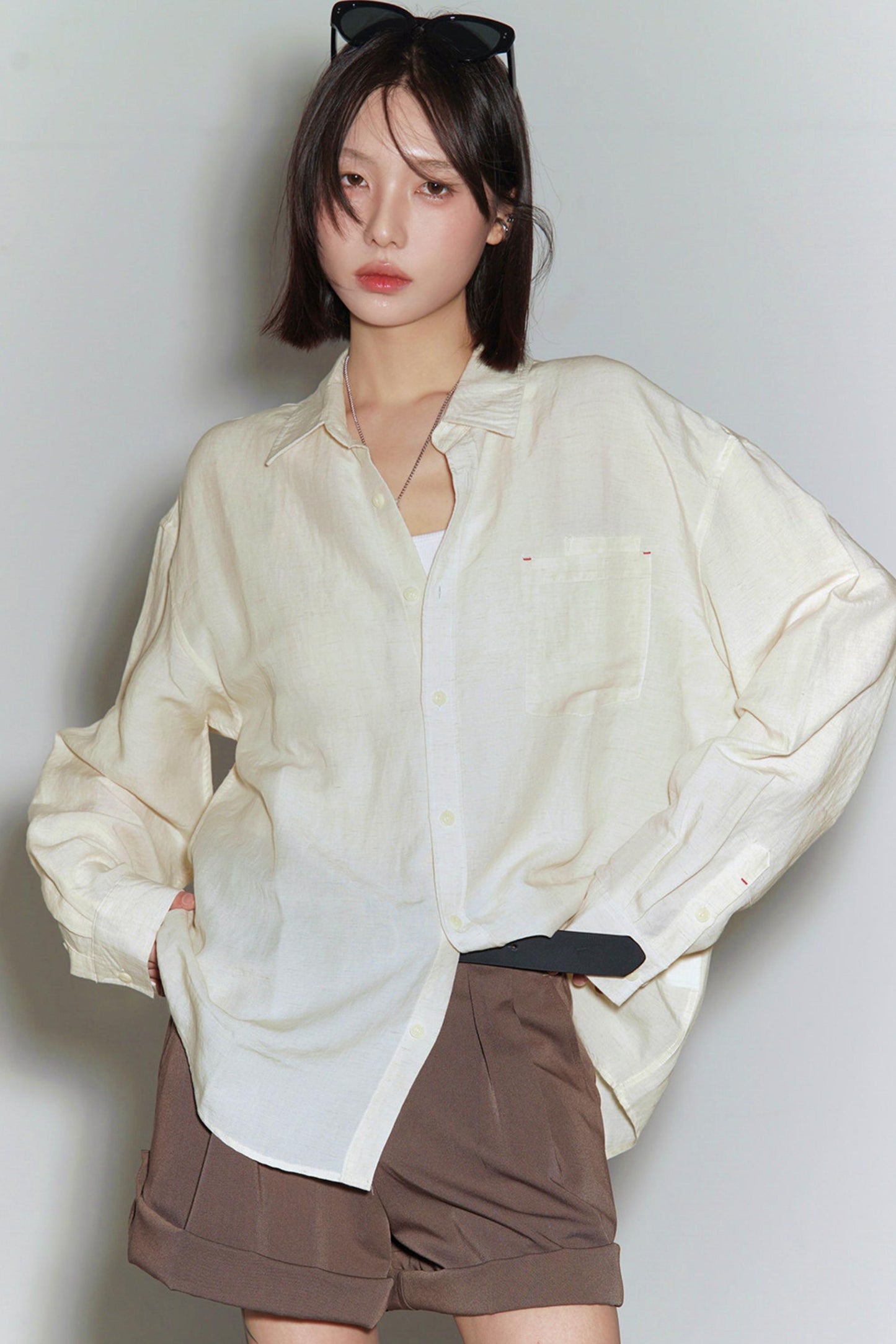코튼 린넨 긴팔 블라우스
