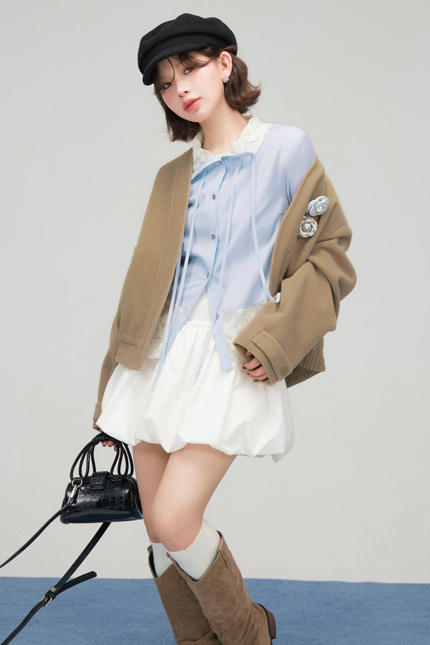 レースリボンラッフルドブラウス