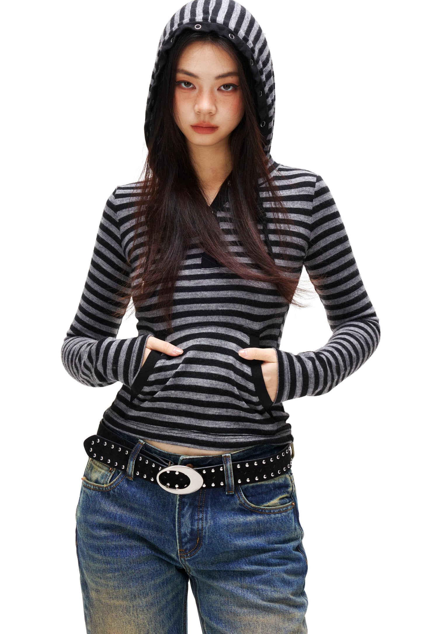 ボーダーフードスリムトップス