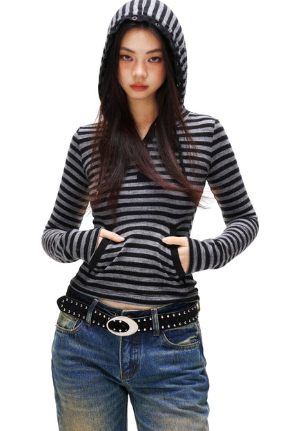 ボーダーフードスリムトップス