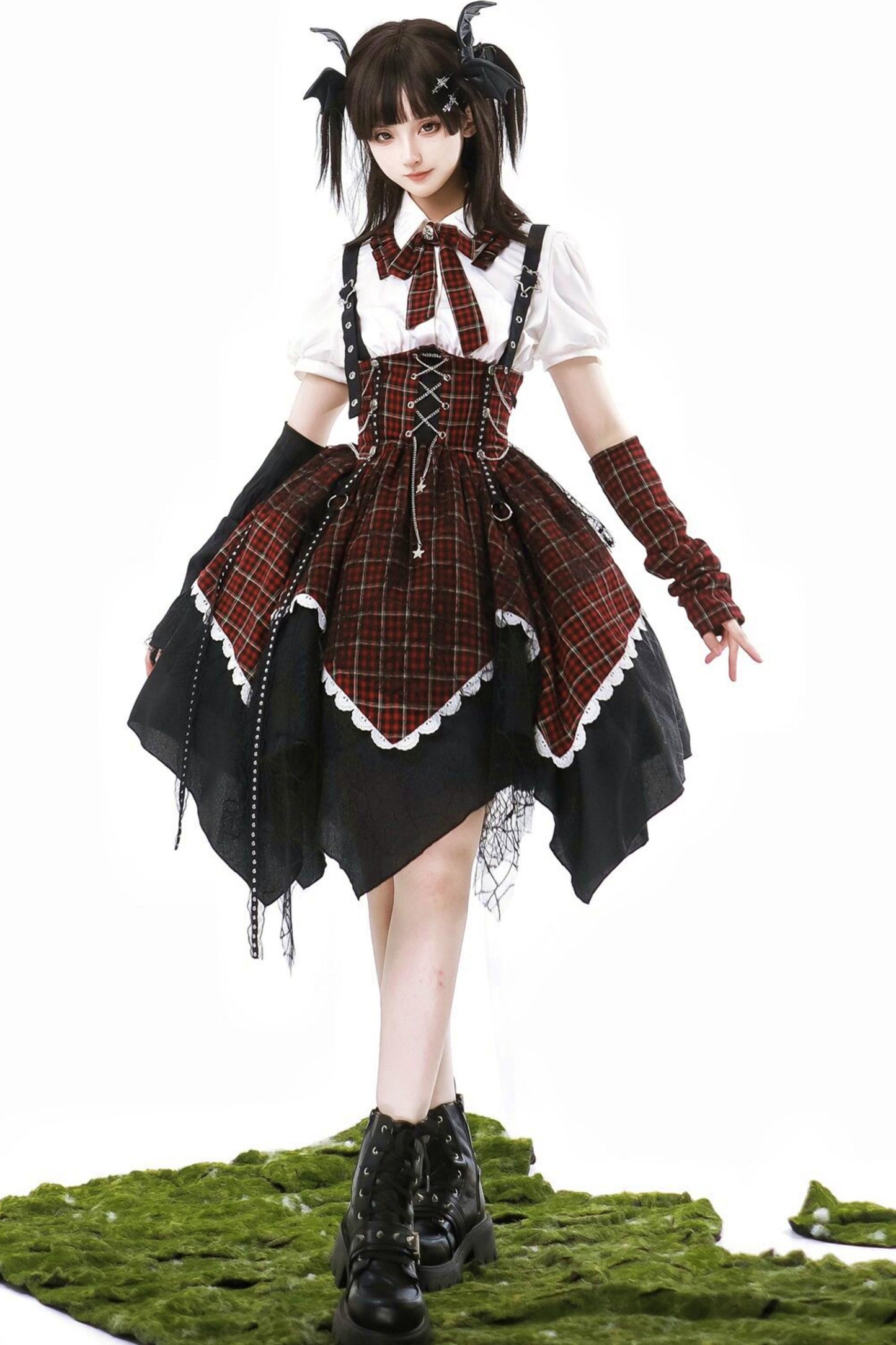 Gothic-Schulidol-Lolita-Trägerrock + Hemd + Ärmel
