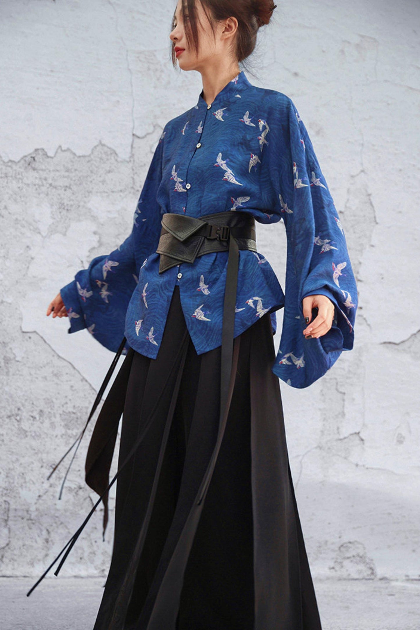 Dark Blue Retro Bird Pattern Stand Collar Shirt