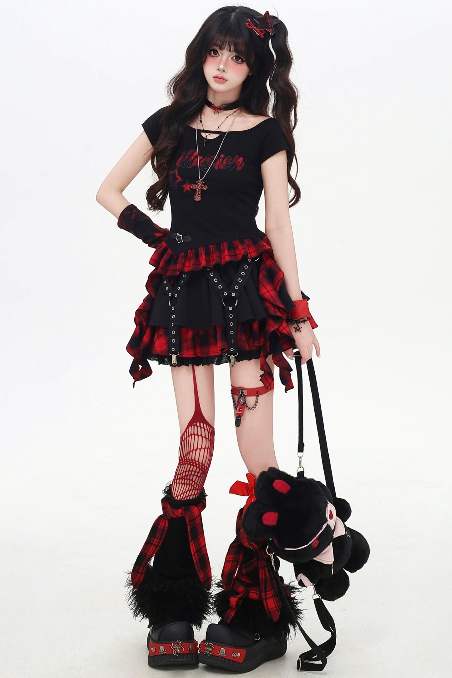 チェックリボンスリムTシャツセットアップ