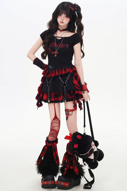 チェックリボンスリムTシャツセットアップ