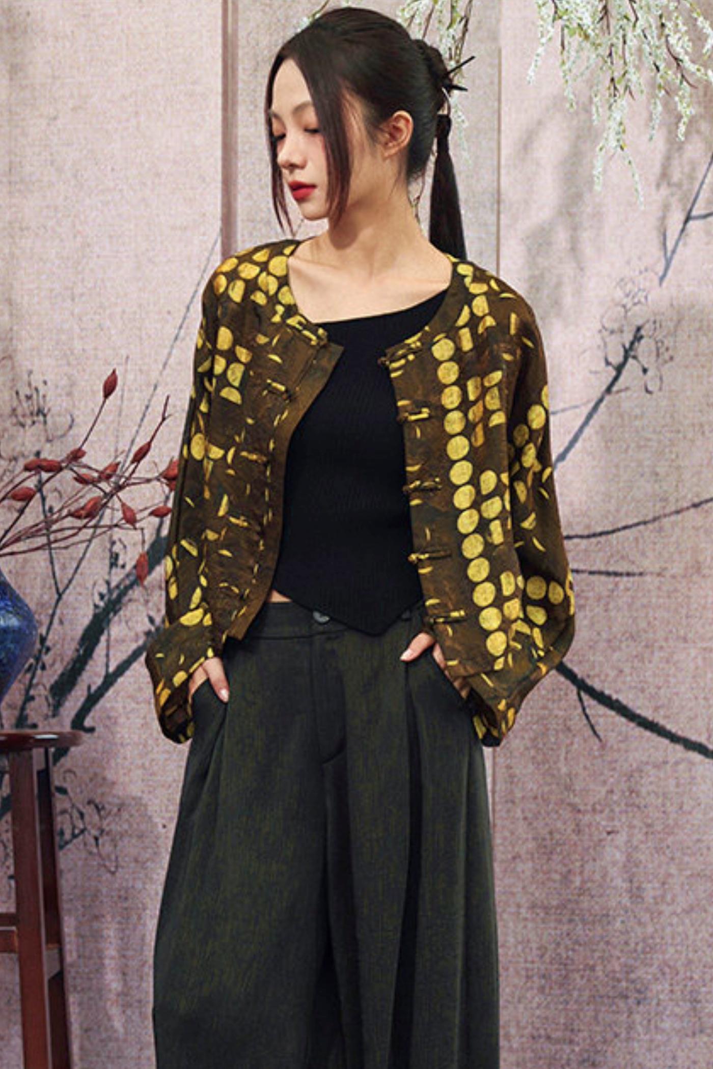 Schwarz-goldene kurze China-Jacke aus Jacquard