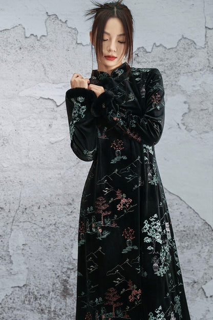 エンブロイダープラッシュチョンサムドレス