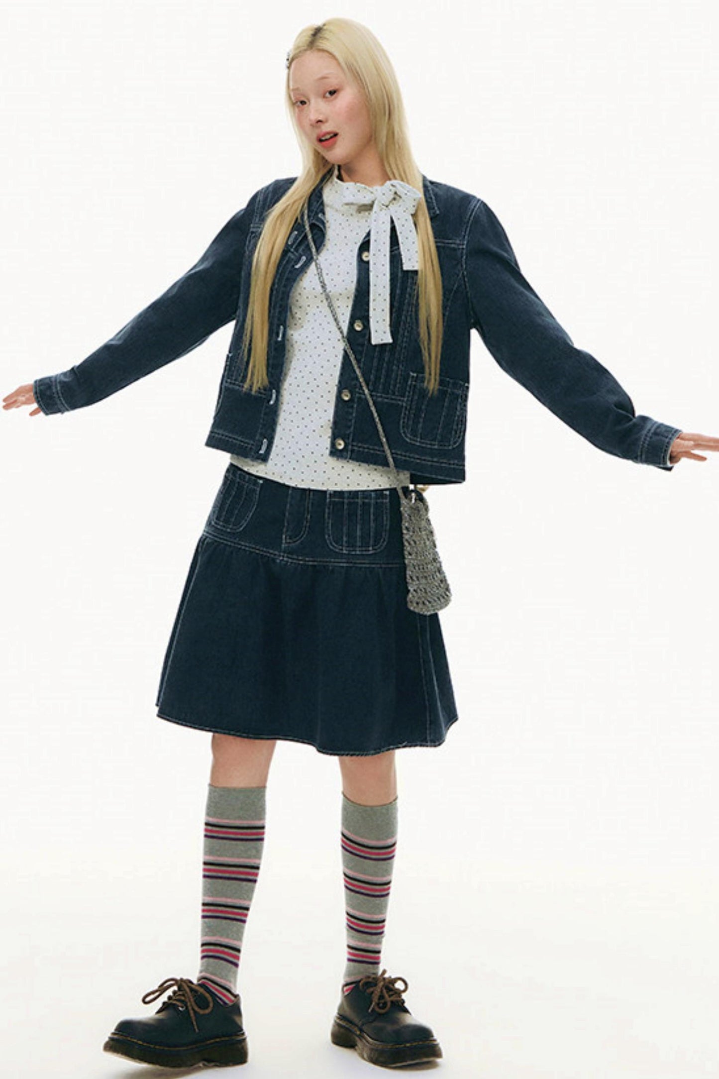Pleated Denim A-Line Skirt
