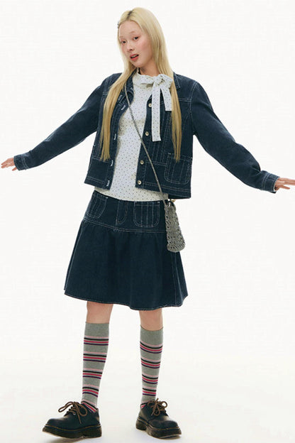 Pleated Denim A-Line Skirt