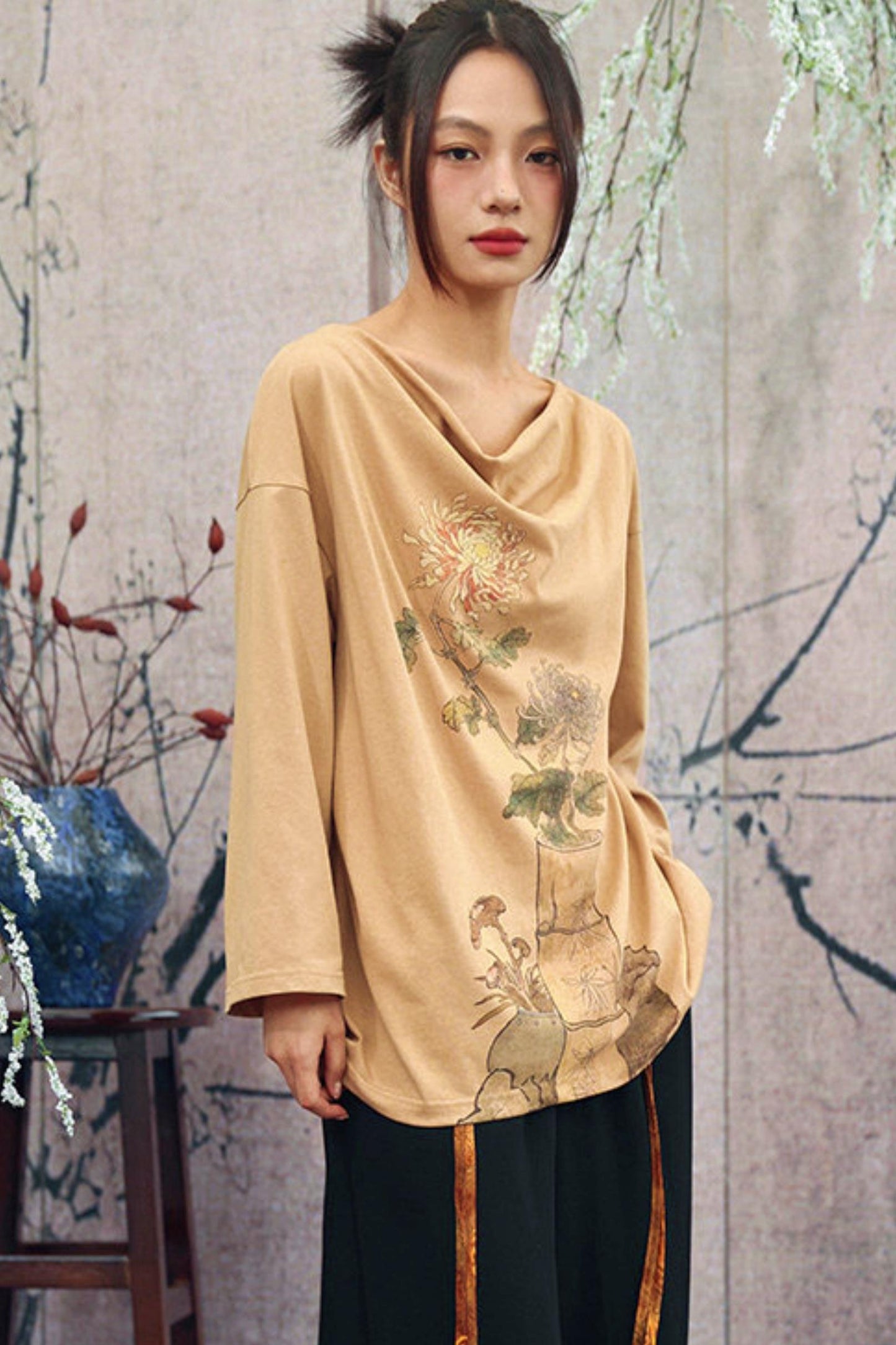 Floral Art Print Drape Neck Top