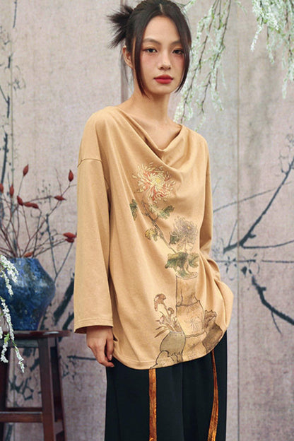 Floral Art Print Drape Neck Top