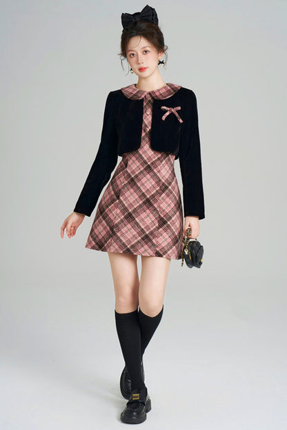 French Retro Plaid Doll Collar Dress