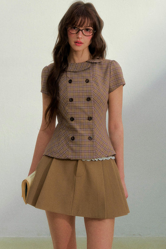 레트로 카키 체크 상의 + 스커트