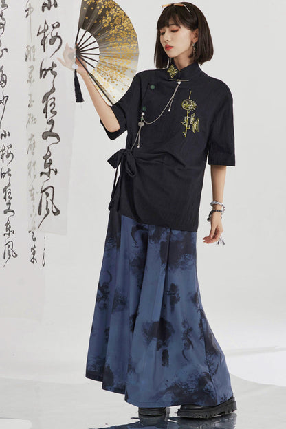 Black and Gold Oriental Ribbon Shirt + Chinese Wide-Leg Pants