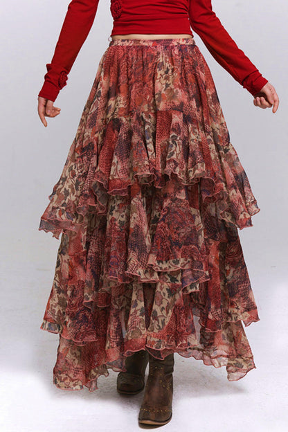 Red Floral Tiered Skirt