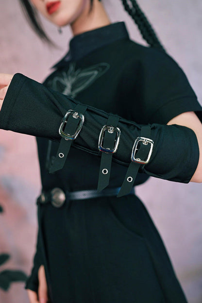 Black Dark Fantasy Metal Buckle Arm Covers (Fingerless Gloves)