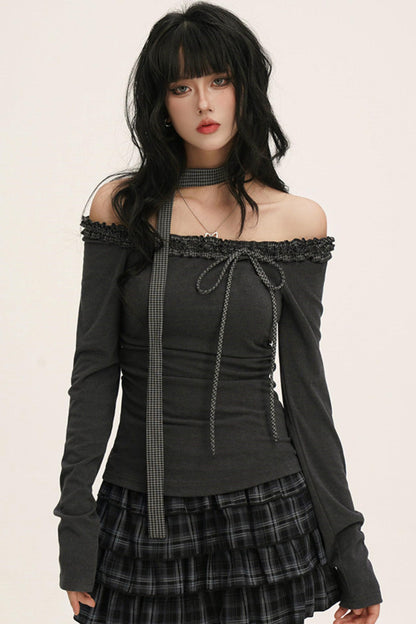 オフショルダーフリルリボントップス（スキニーロングスカーフ付き）