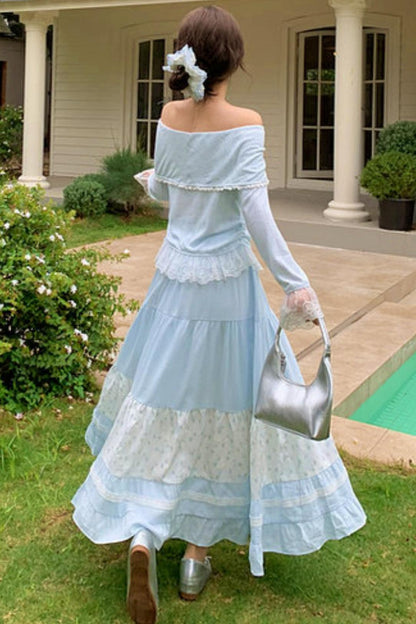 レースパッチワークオフショルダートップス+ロングスカート