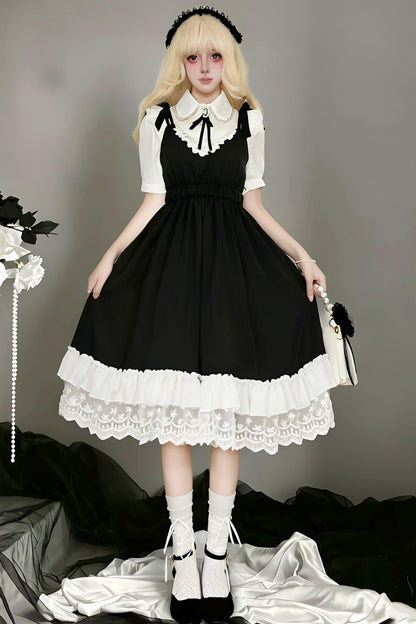Monochromer Doll-Lolita-Jumperrock + Hemd mit Fliege