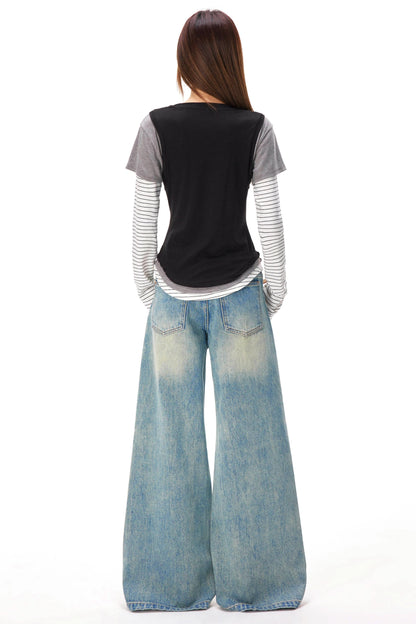 レトロレオパードパッチワークデニムパンツ