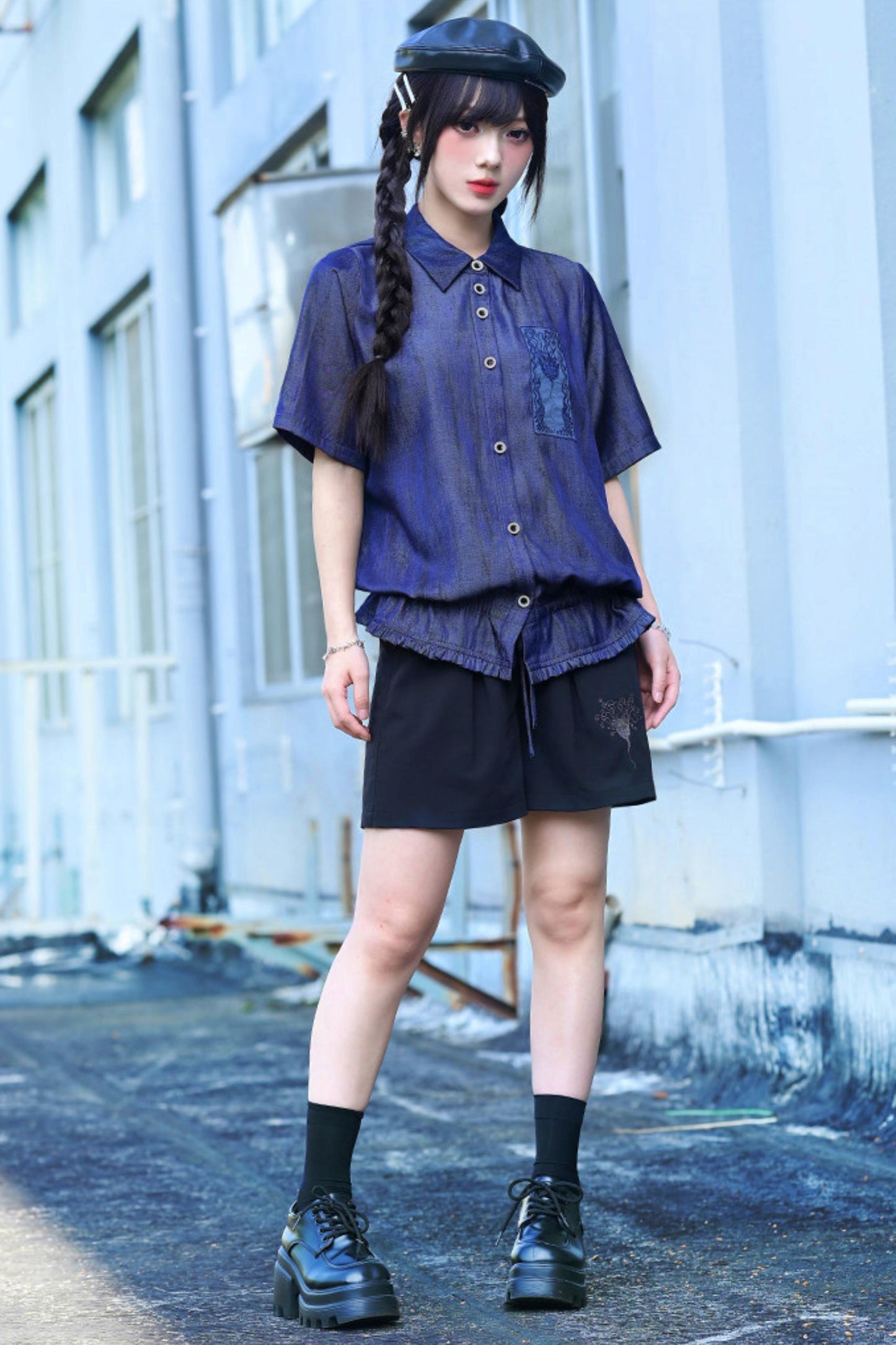 Night Blue Embroidered Subculture Shirt