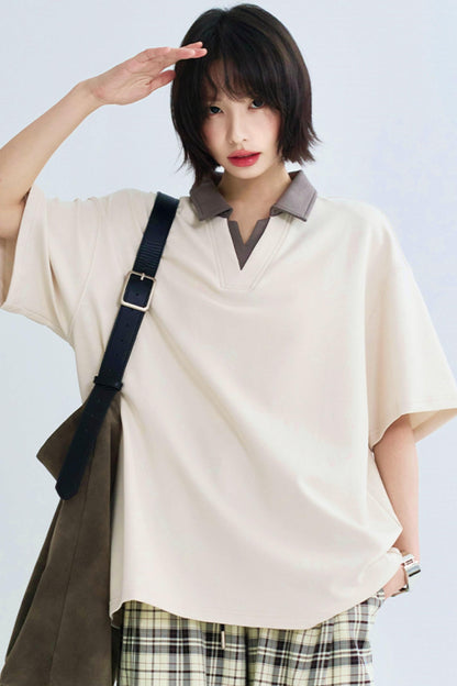 Contrast Lapel Loose Fit Faux Top