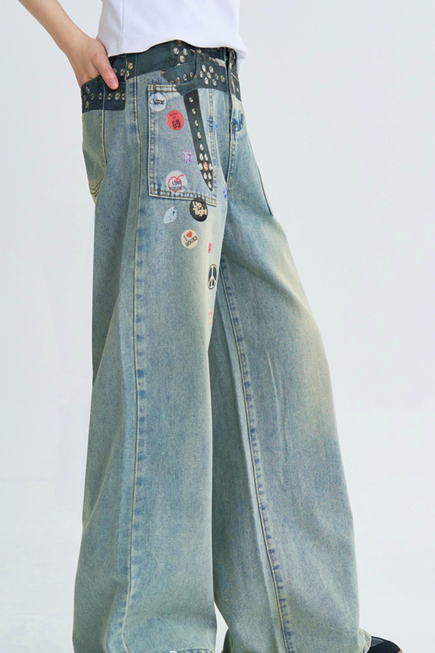 Retro Print Straight Leg Denim Pants