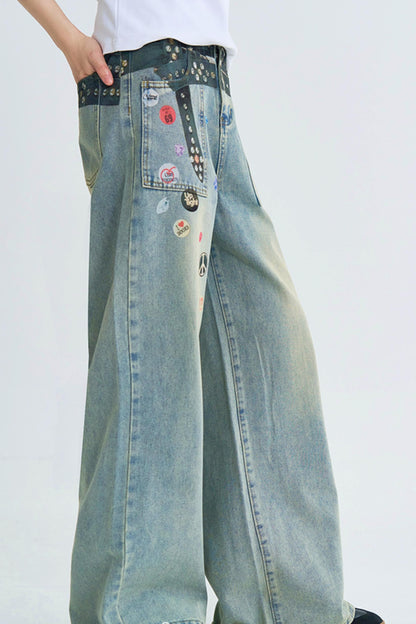 Retro Print Straight Leg Denim Pants