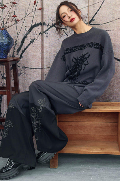 Gray x Black Embroidered High-Waist Wide-Leg Pants