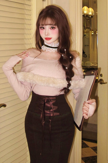 Elegant off-the-shoulder knit + mermaid skirt