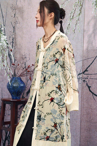 Floral Print Sheer Satin Chinese-Style Long Cardigan