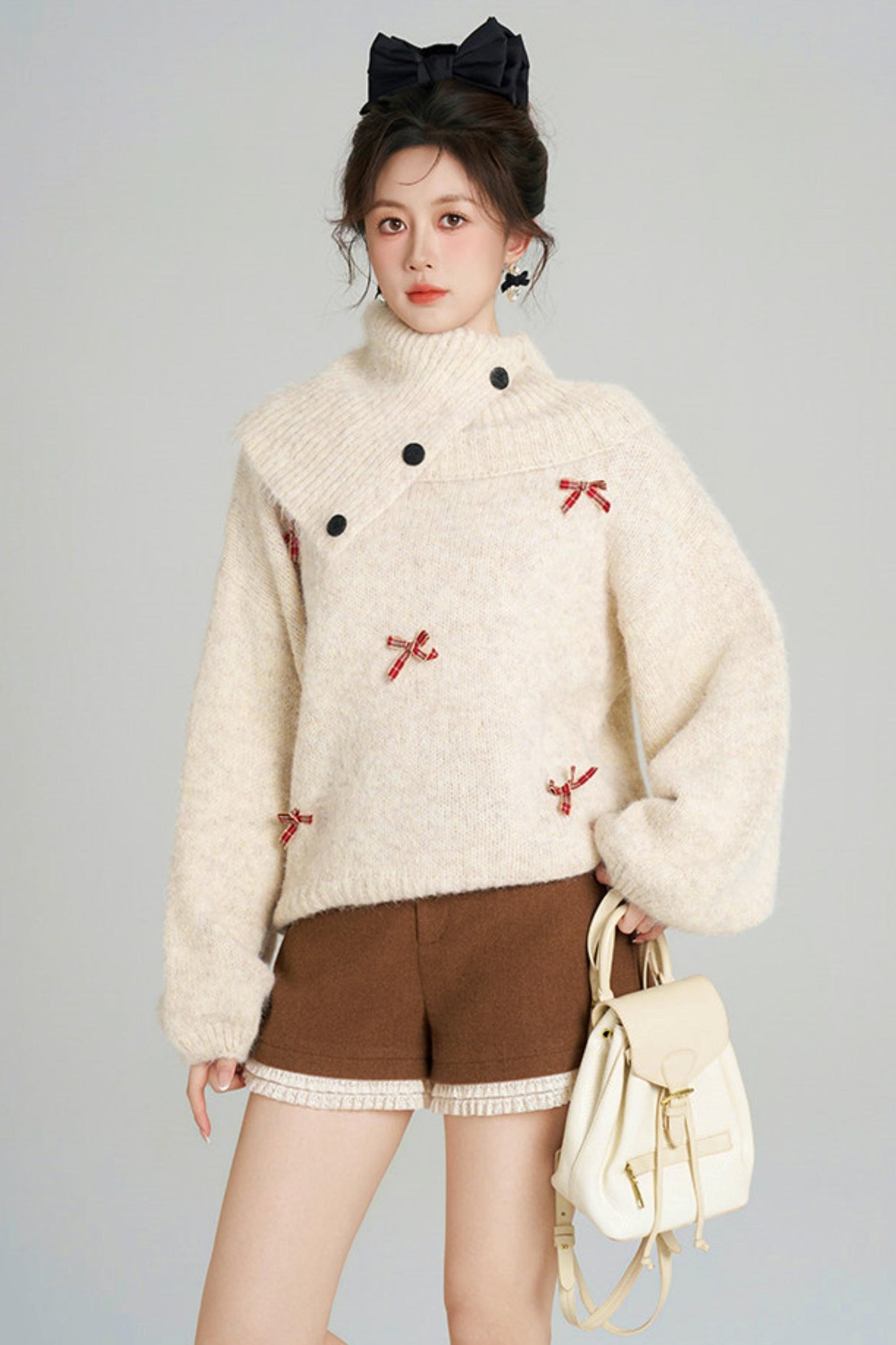 リボンフレンチニットセーター+ショートパンツ