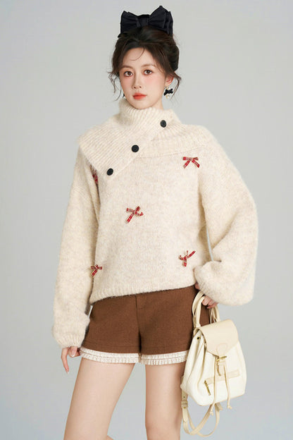 リボンフレンチニットセーター+ショートパンツ