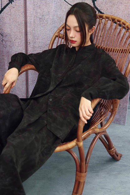 Camicia con colletto alla coreana sfumata nero scuro + pantaloni