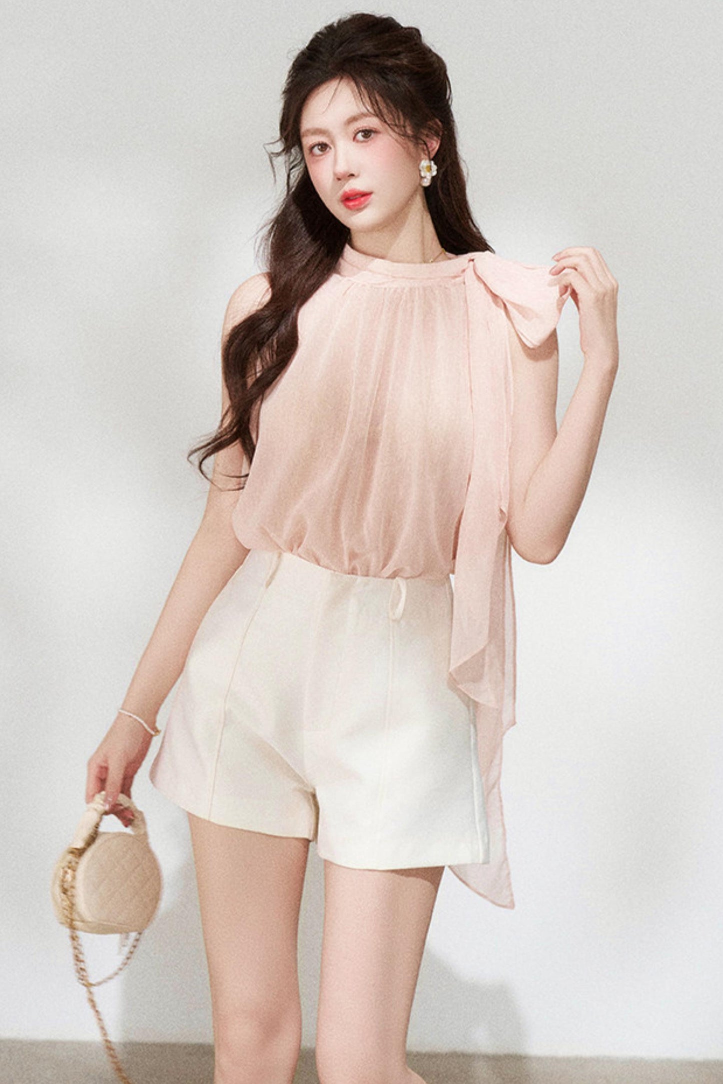 Pink Chiffon Halter Sleeveless Shirt