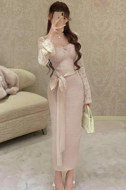 Lace Waist Slim Fit Dress + Fur Coat