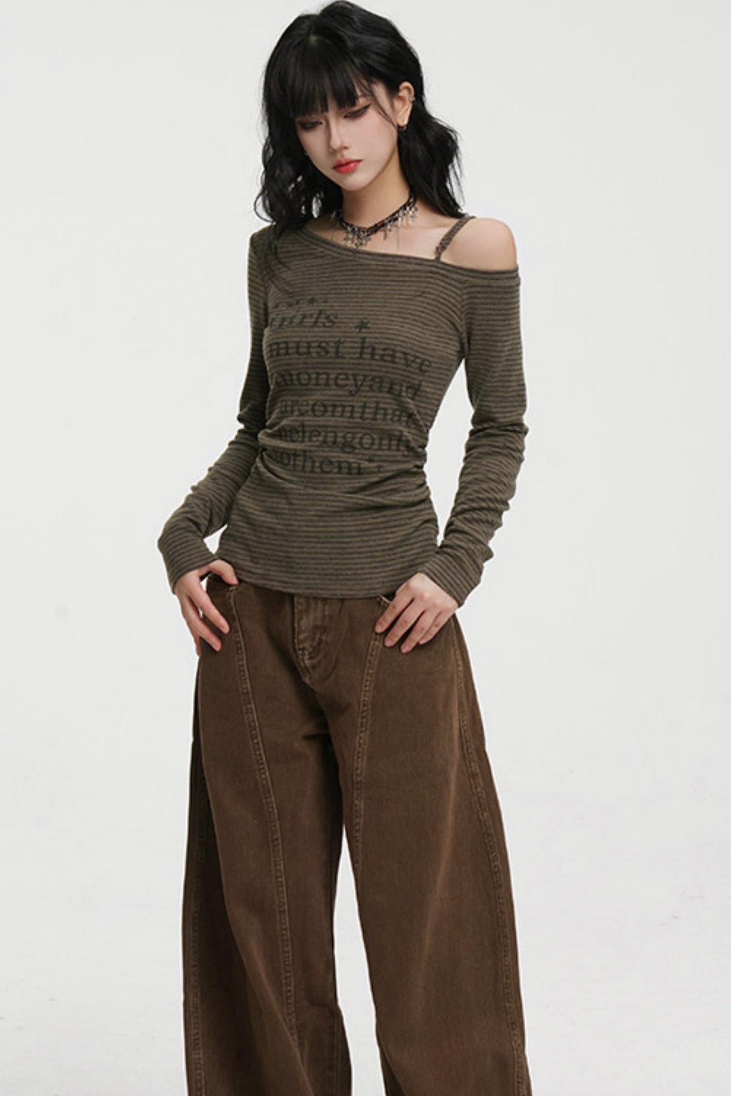 Striped One-Shoulder Tie-Neck Top