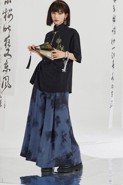 Black and Gold Oriental Ribbon Shirt + Chinese Wide-Leg Pants