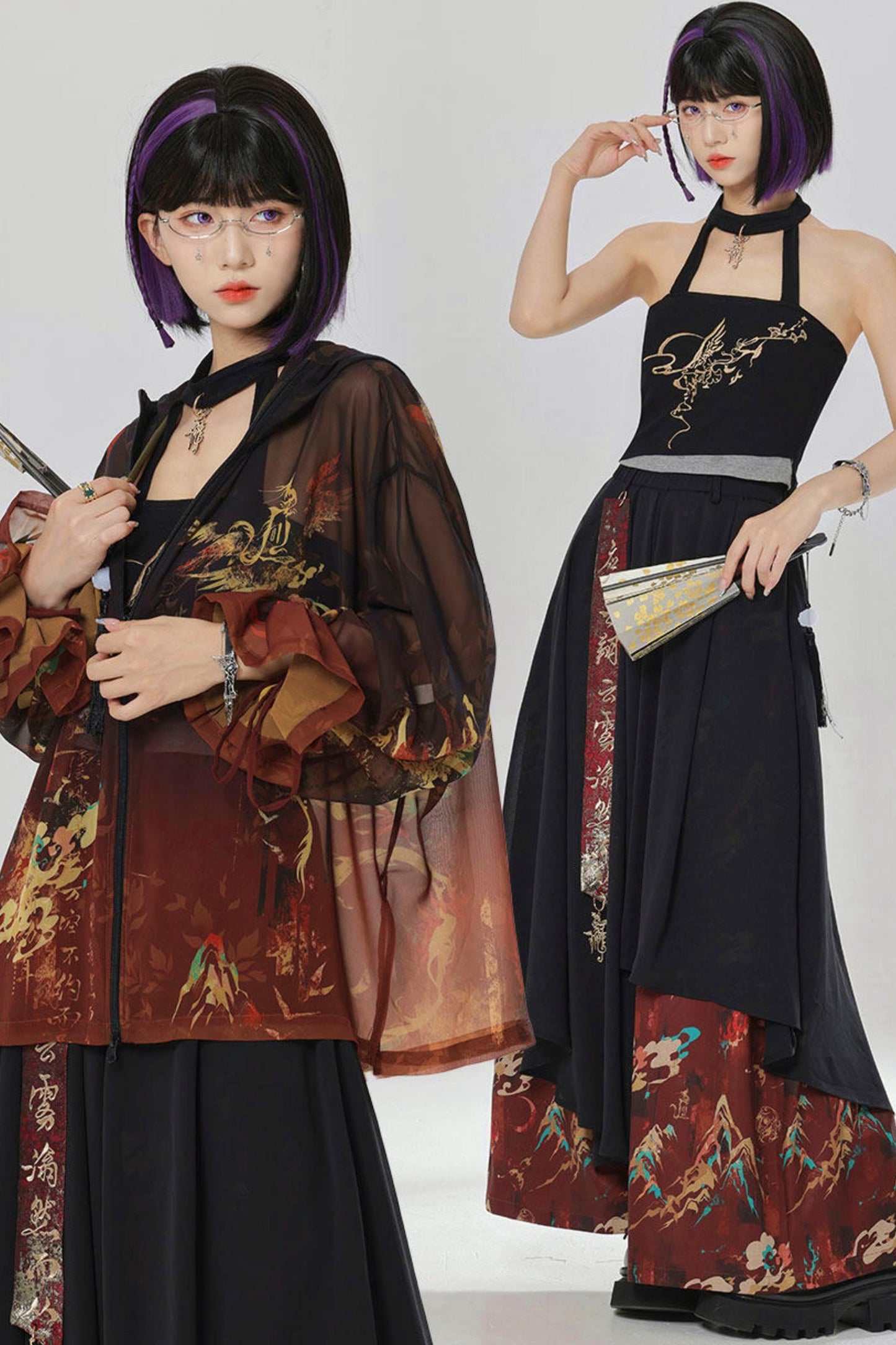 Gold Dragon Embroidered Choker Top (with Cups) + Chinese-Style Wide-Leg Pants